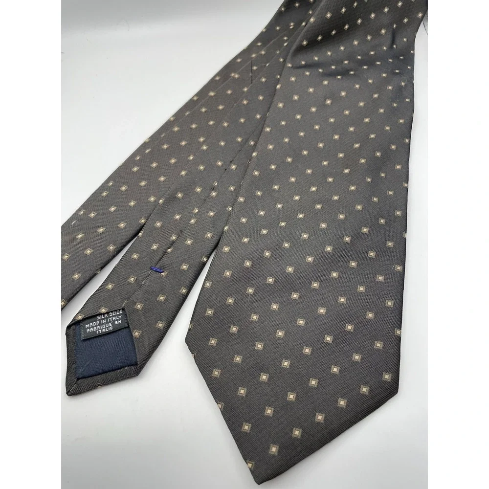 Canali Mens Silk Necktie Charcoal Grey Geometric Square Pattern Made in Italy